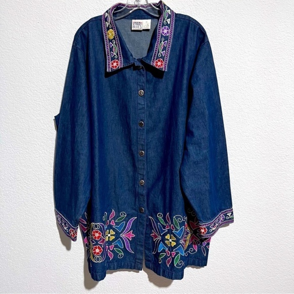 Main Street Blues Embroidered Denim Jean Shirt Shacket Blouse New 2X